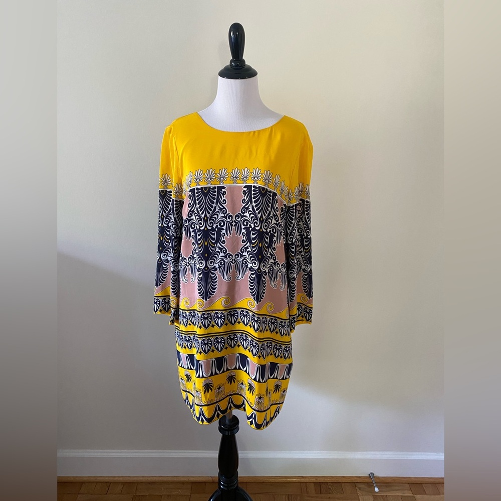 J. Crew Yellow Silk ‘Jules’ Shift Dress in Scroll Print with Pockets – Size 6